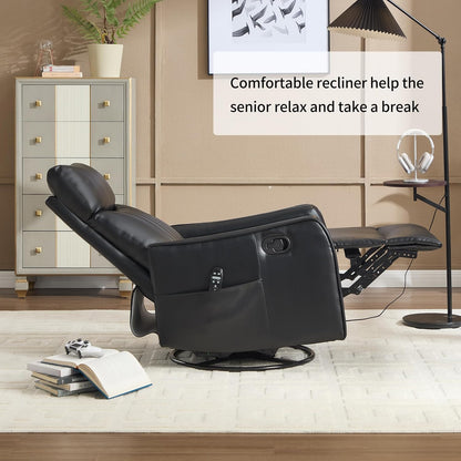 Swivel Rocker Recliner Chair for Adults, Nursery Rocking Chair with Heat and Massage, Glider Reclining Chair for Small Space Living Room Bedroom, Faux Leather Black