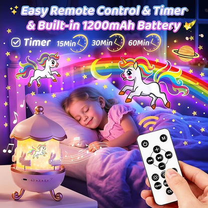 One Fire Princess Gifts for Girls Toys, 15 Music+15 Films+315 Colors Night Light Projector, 360°+Remote+Cordless Star Projector for Kids, Mermaid Gifts for Girls Room Decor, Pink Baby Toddler Toys
