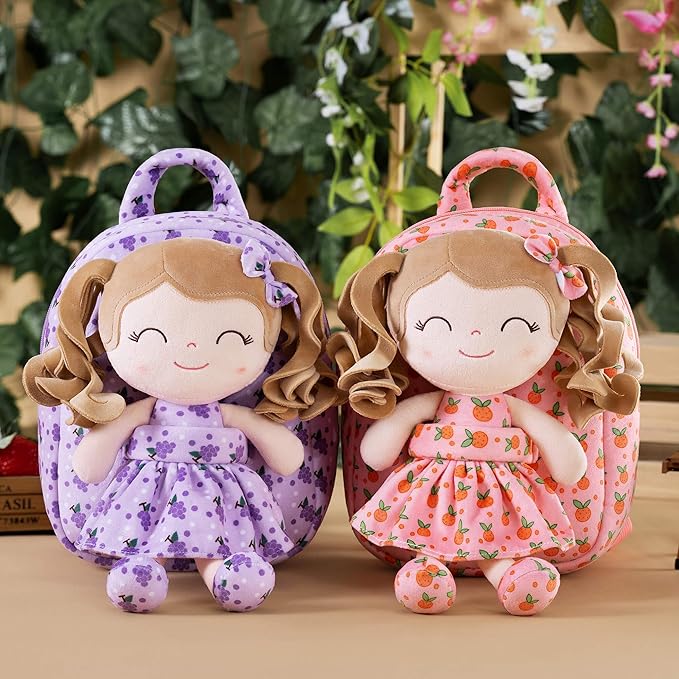 Gloveleya Toddler Backpack Baby Girl Gifts Curly Hair Plush Figures Dress Backpack Kids Backpack Curly Hair Spring Girl Fruit Section-Orange 9inches
