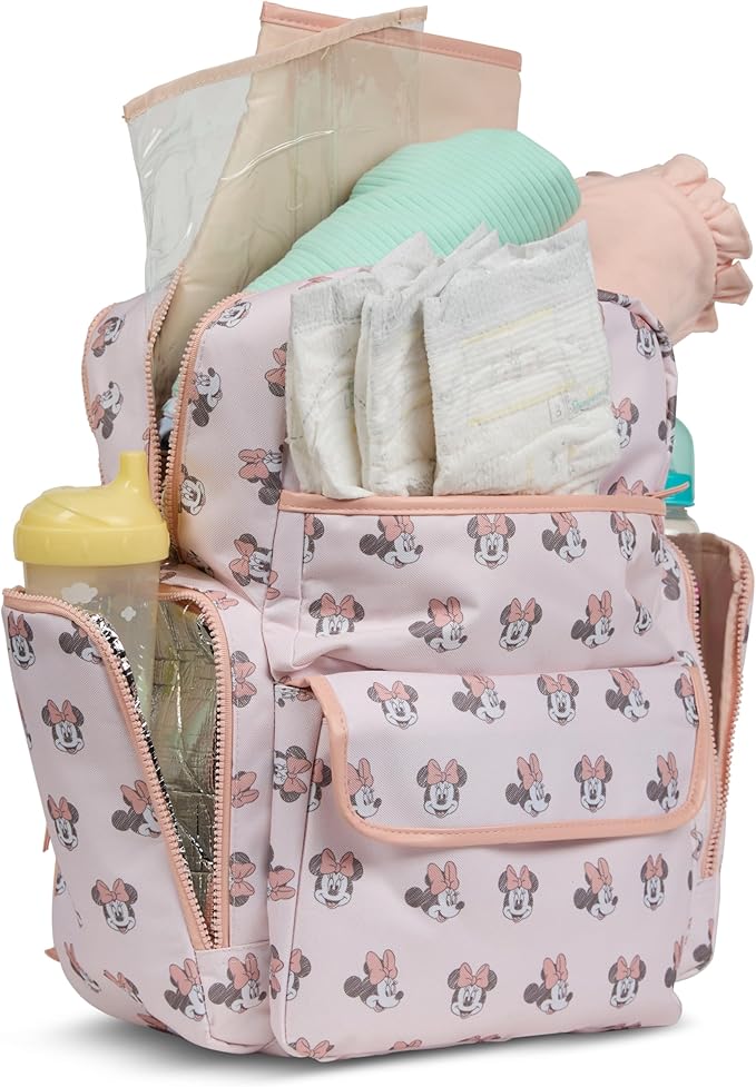 Disney Diaper Bag Backpack with Changing Pad Minnie Mouse – 16” Nylon Baby Bag for Parents, Insulated Bottle Holders, Multiple Storage Pockets