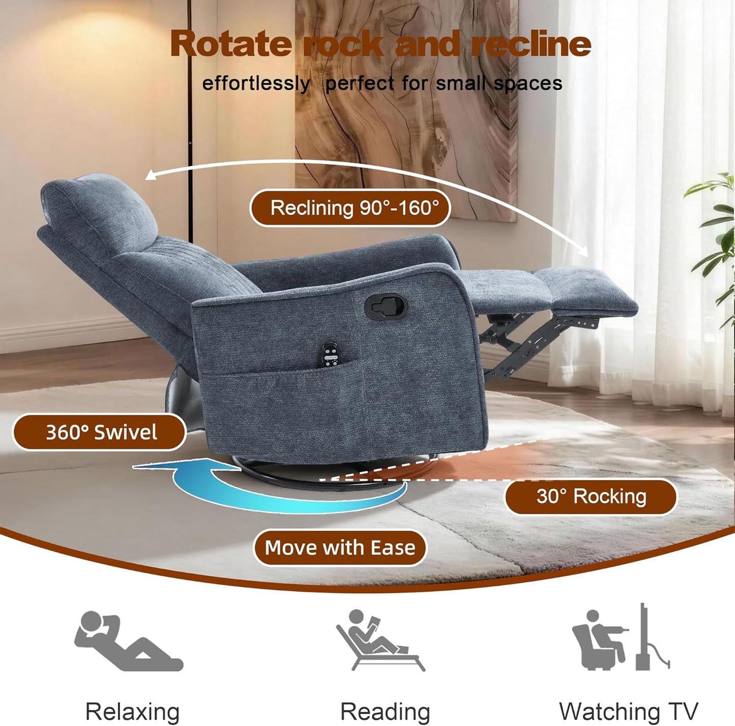 Casaphoria 360° Swivel Rocking Recliner Chair with Heat and Massage Upholstered Fabric Nursery Glider with Side Pocket for Living Room,Bedroom,Home Theater and RV Small Space(Light Gray)