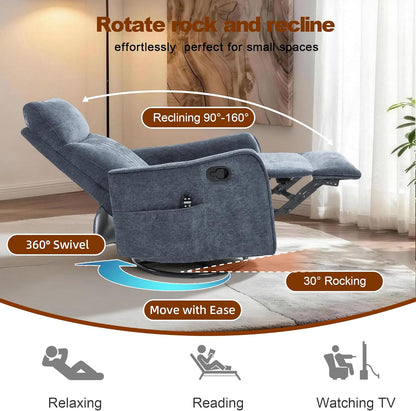 Casaphoria 360° Swivel Rocking Recliner Chair with Heat and Massage Upholstered Fabric Nursery Glider with Side Pocket for Living Room,Bedroom,Home Theater and RV Small Space(Light Gray)