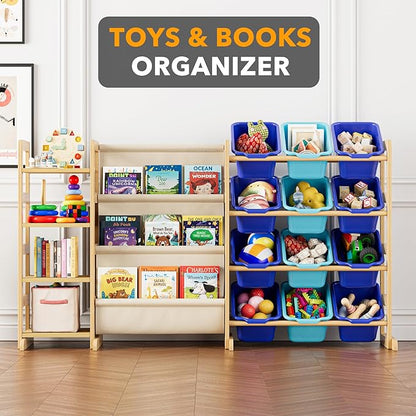 SpaceAid 3-in-1 Toy Storage Organizer with 4 Shelves and 12 Bins, Toy Organizers Storage 3-Tier Bookshelf, Kids Bin Shelf Box Bookcase for Bedroom Playroom Organization Room Decor, Blue and Navy Blue