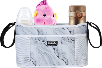 CM Stroller Organizer Diaper Bag Stroller Accessories Pack with Drink Holders and Zipped Pockets for Baby Stroller, Car, Shopping Cart. Fits All Major Strollers. (Marble White)