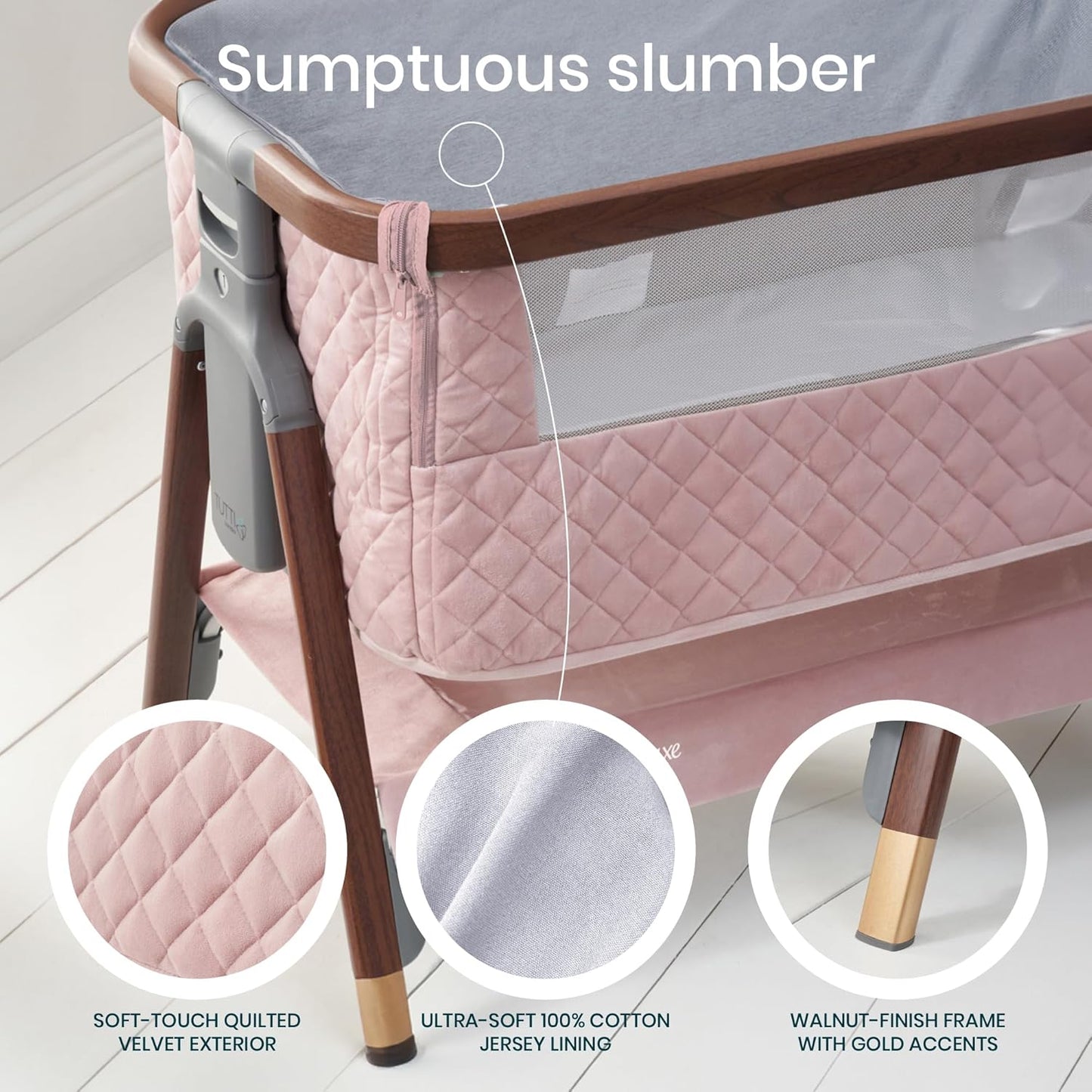 Tutti Bambini CoZee® 2-in-1 Baby Bassinet & Bedside Sleeper - Fast-Folding Bedside Bassinet, Baby Crib with 6 Mattress Heights & Breathable Mesh Window, Mattress Included, 0-6 Months (Oak & Charcoal)