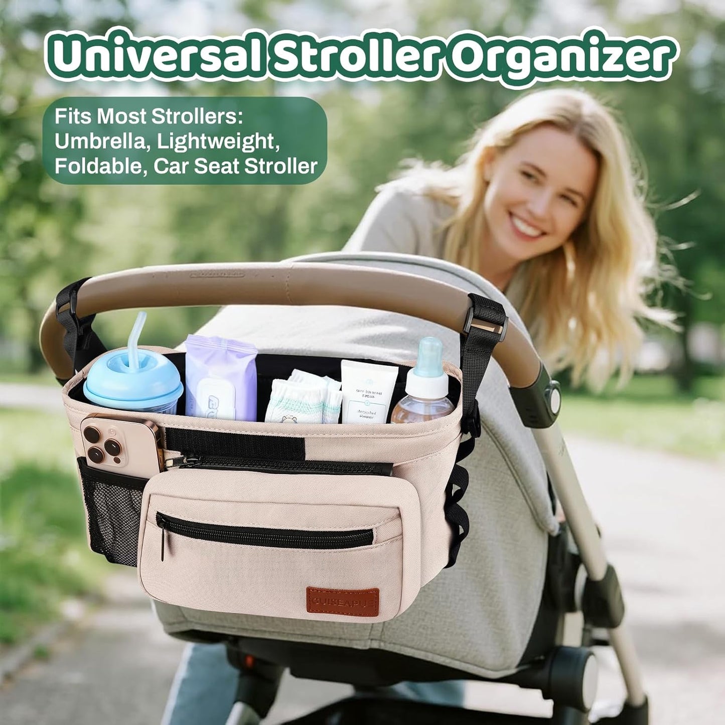 Guiseapue Universal Stroller Organizer with Cup Holder: Stroller Caddy Accessories with Detachable Phone Bag Fit for Uppababy, Non-Slip Straps, Walker Accessories, First Mothers Day Gifts for New Mom