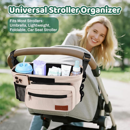 Guiseapue Universal Stroller Organizer with Cup Holder: Stroller Caddy Accessories with Detachable Phone Bag Fit for Uppababy, Non-Slip Straps, Walker Accessories, First Mothers Day Gifts for New Mom