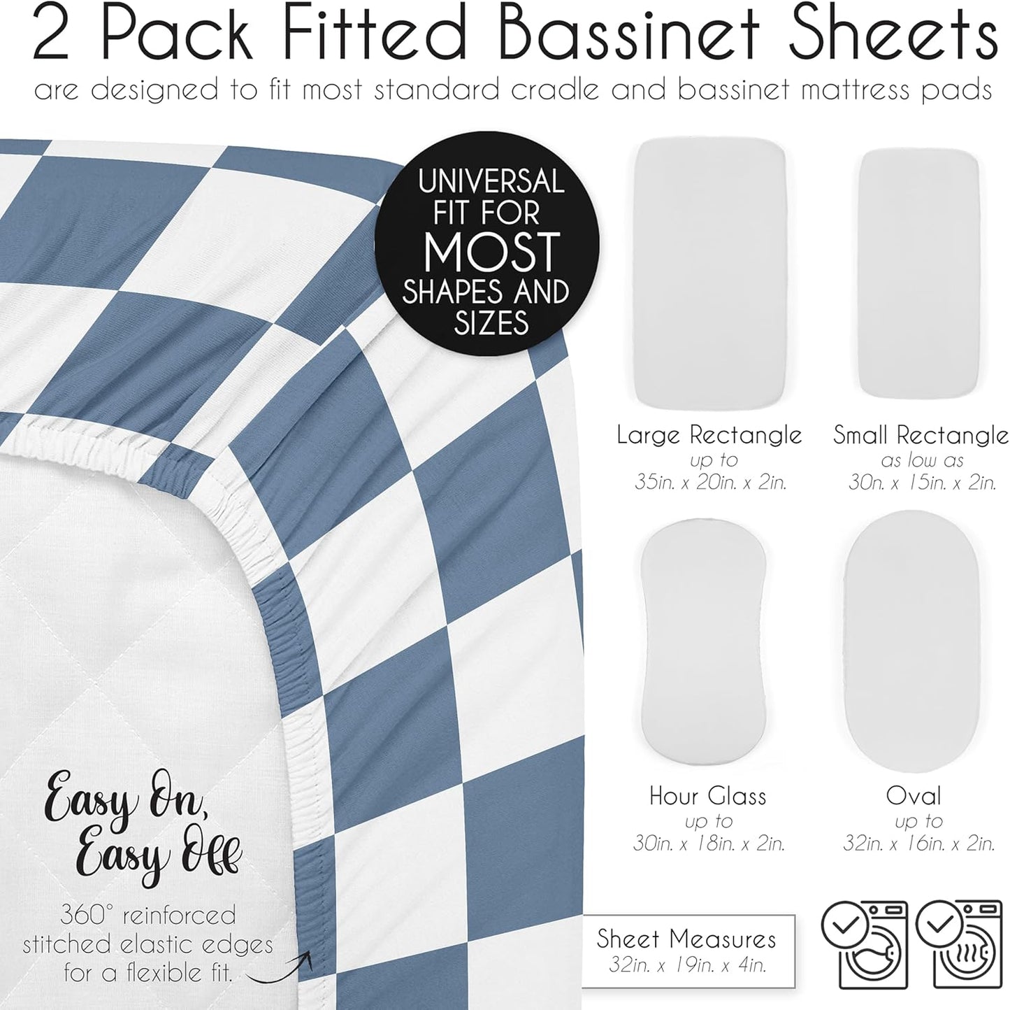 Sweet Jojo Designs 2-Piece Baby Bassinet Sheets Set (Black/White Gingham Checkered Plaid) for Boy/Girl, Infant Newborn Nursery, Oval, Rectangle & Hourglass Mattress (Solid Onyx & Classic Checkerboard)