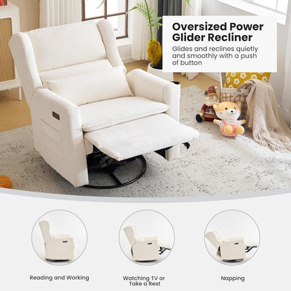 Power Recliner Chair Swivel Glider with Adjustable Headrest，Oversized Swivel Rocker Recliner with Lumbar Support, Upholstered Nursery Glider Recliner for Living Room,White