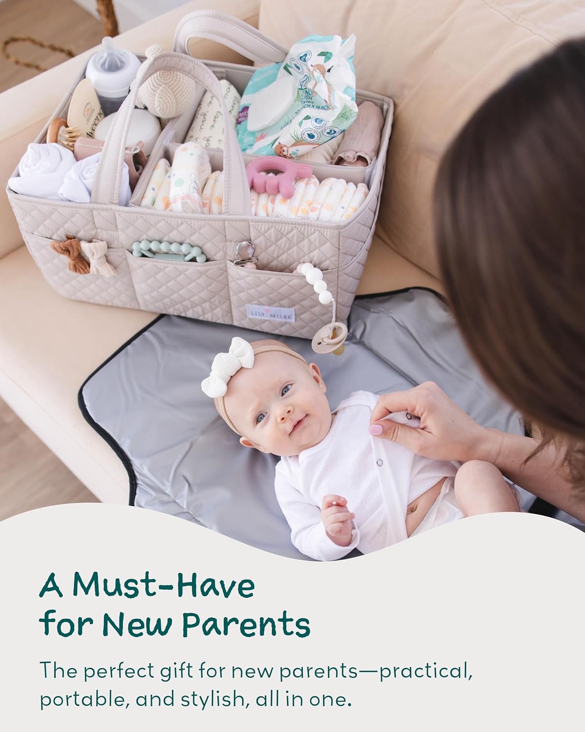 Lily Miles Baby Diaper Caddy Organizer, Quilted Nursery Storage Basket for Newborn Essentials and Diaper Changing Station, Gift for Baby Shower and Registry Must-Have (Willow Green)