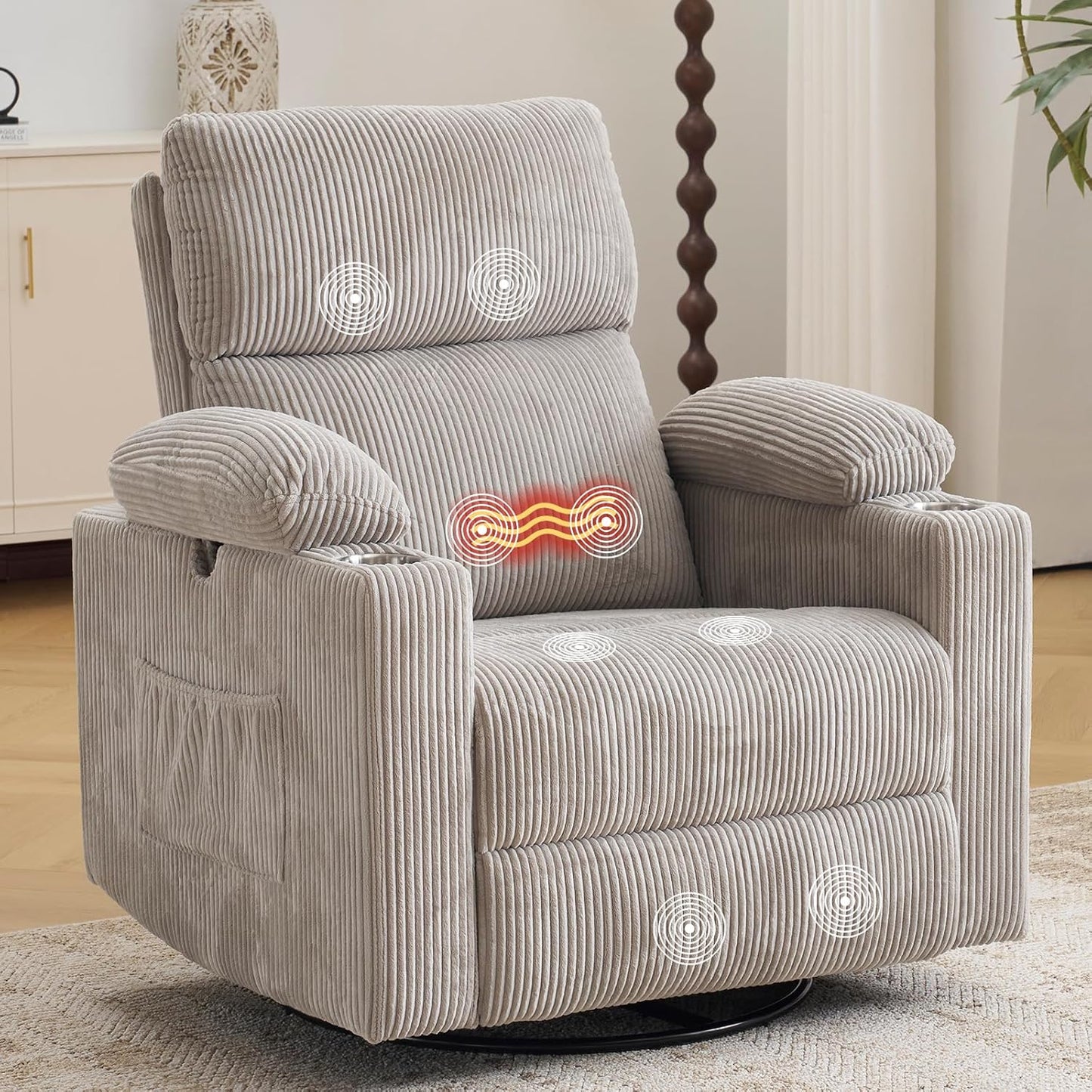 Rocking Chair Nursery with Adjustable Armrests, Electric Glider Recliner Nursing Chair for Breastfeeding, Power Swivel Recliner Chairs with Massage and Heat, Adjustable Headrest , FSC Certified, White