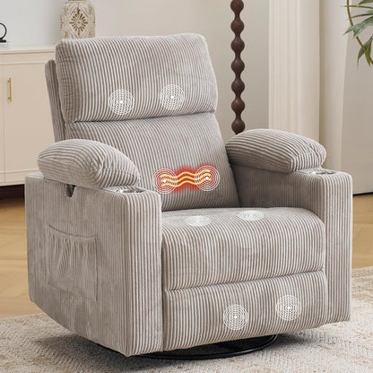 Rocking Chair Nursery with Adjustable Armrests, Electric Glider Recliner Nursing Chair for Breastfeeding, Power Swivel Recliner Chairs with Massage and Heat, Adjustable Headrest , FSC Certified, White