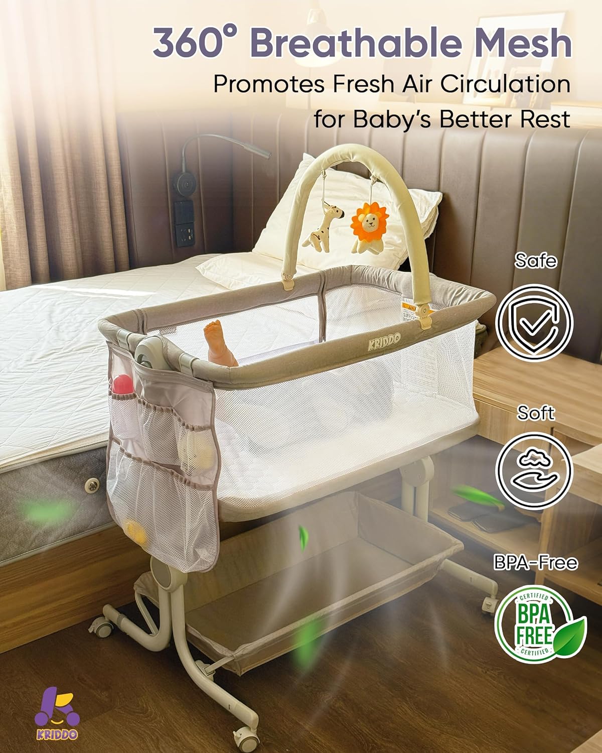 KRIDDO 2-in-1 Baby Bassinet for Infant, Bedside Bassinet with All-around Breathable Mesh, Lockable Wheels, Adjustable Height and Incline, Bedside Sleeper for Baby with Large Storage Basket, Light Grey