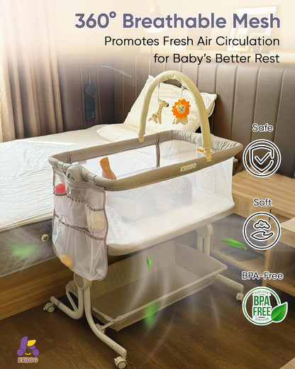 KRIDDO 2-in-1 Baby Bassinet for Infant, Bedside Bassinet with All-around Breathable Mesh, Lockable Wheels, Adjustable Height and Incline, Bedside Sleeper for Baby with Large Storage Basket, Light Grey