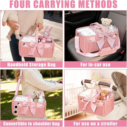 Baby Diaper Caddy Organizer - Large diaper basket with Adjustable Shoulder Strap, Portable Car Travel Tote Bag with Stroller Clips, Essential Newborn Girl Registry Gift, Pink