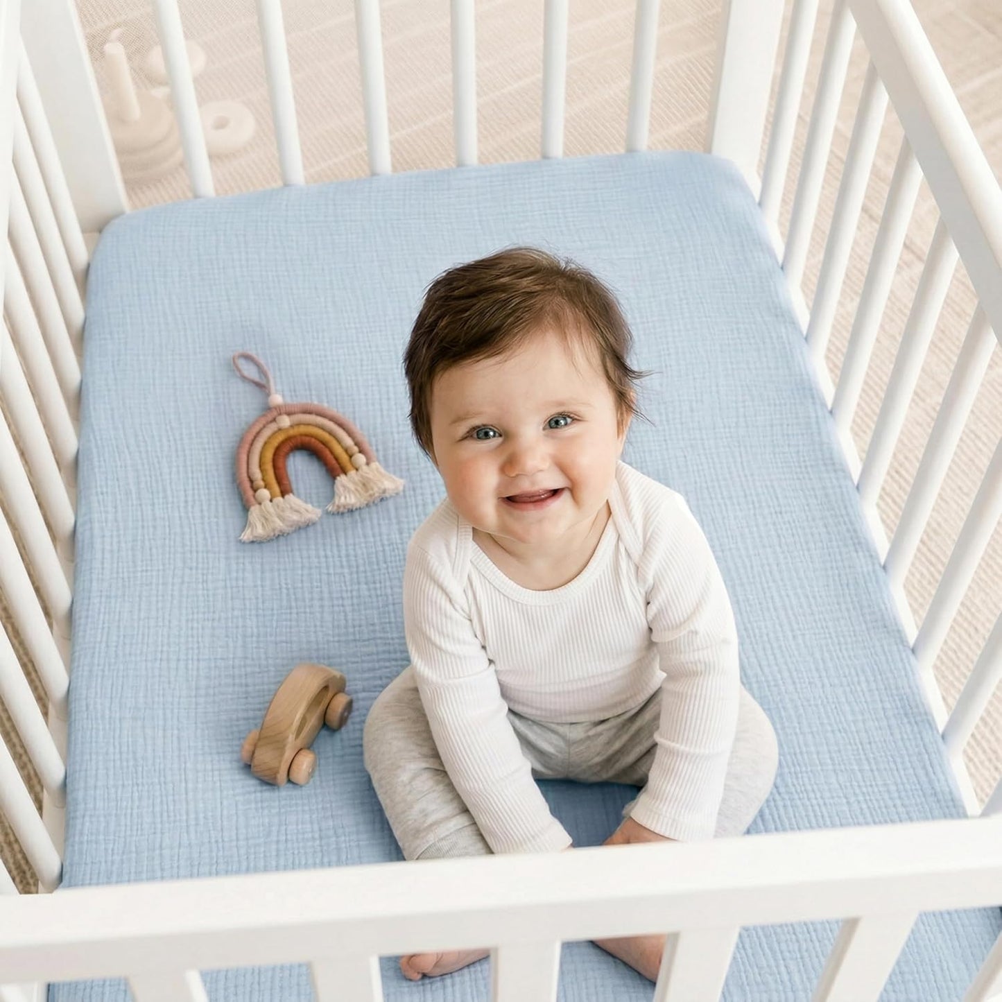 Muslin Bassinet Sheet Compatible with Maxi-COSI Iora & Iora Air Bedside Sleeper - 100% Cotton Rectangular Mattress Pad Cover (33"x20"), Breathable & Soft, Boho (1 Pack Blue)