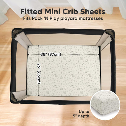 2 Pack and Play Sheets, Waterproof Mini Crib Sheets Fitted - 38x26 Organic Cotton Pack N Play Sheets for Graco Pack and Play Mattress, Playard Baby Crib Sheets,Neutral for Boy,Girl,Toddler(KeaSafari)