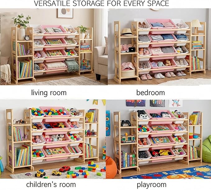 Amdermi Kids Toy Storage Organizer, 51" W White 6-Shelf Bookcase with 12 Bins, Cubby Unit for Toddler Playroom & Bedroom Organization（Pink）