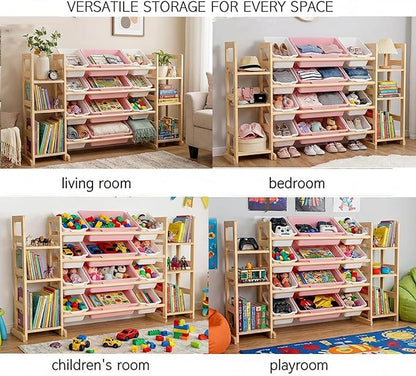 Amdermi Kids Toy Storage Organizer, 51" W White 6-Shelf Bookcase with 12 Bins, Cubby Unit for Toddler Playroom & Bedroom Organization（Pink）