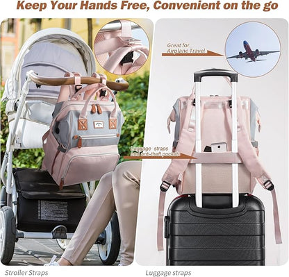 Diaper Bag Backpack: Tote Baby Bag for Boy and Girl, Large Mommy Bag Insulated Pockets Charger Holes for Men and Women, Nappy Bag for Baby Airplane Traveing Pink Gray