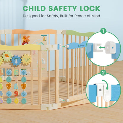 Foldable Wooden Playpen - Adjustable Wood Baby Play Yard with Child-Proof Lock, Indoor Large Safety Fence for Babies and Toddlers - Easy Assembly, 55 x 55 x 24 inches, Dino Land, Colorful