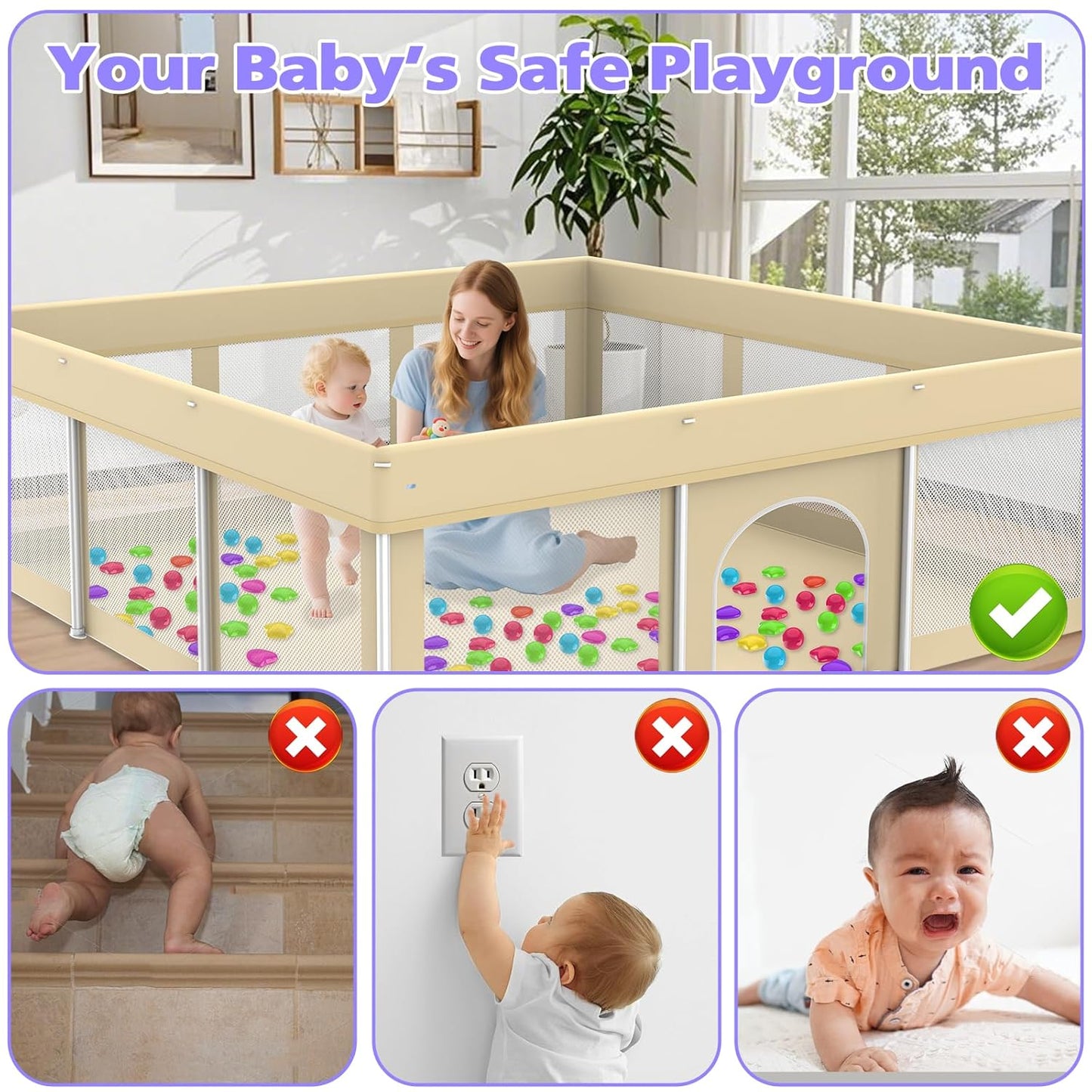 Foldable Large Playpen for Babies and Toddlers, 71"×71" Portable Playard with Carry Bag & 150 Ocean Balls, Indoor & Outdoor Baby Fence with Thick Mesh, No Assembly Required, Mat Not Included, Beige
