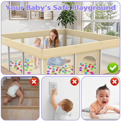 Foldable Large Playpen for Babies and Toddlers, 71"×71" Portable Playard with Carry Bag & 150 Ocean Balls, Indoor & Outdoor Baby Fence with Thick Mesh, No Assembly Required, Mat Not Included, Beige