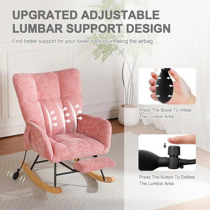Rocking Chair Nursery with Airbag, Comfy Modern Nursery Rocking Reading Chair indoor with Footrest, Cozy Upholstered Glider Rocker Chairs for Living Room Bedroom Offices(Chenille, Dark Grey)