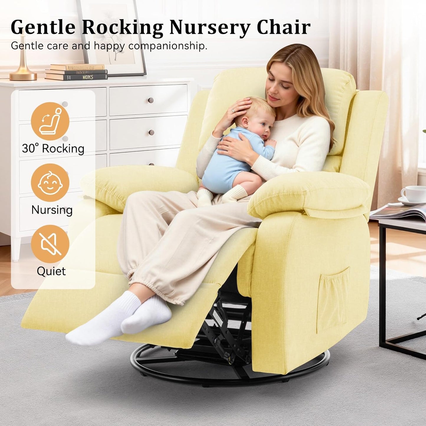 Korser Recliner Chair, 360 Swivel Rocker Chair for Adults, Small Rocking Recliner for Small Spaces, Upholstered Fabric Glider Recliner Nursery