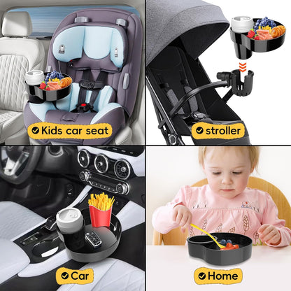 Kids Car Seat Tray, Travel Tray with Cup Holder for Toddler, Baby Car Seat Food Snack Organizer for Road Trip, Stroller snack tray travel must haves (Black 2 Packs)