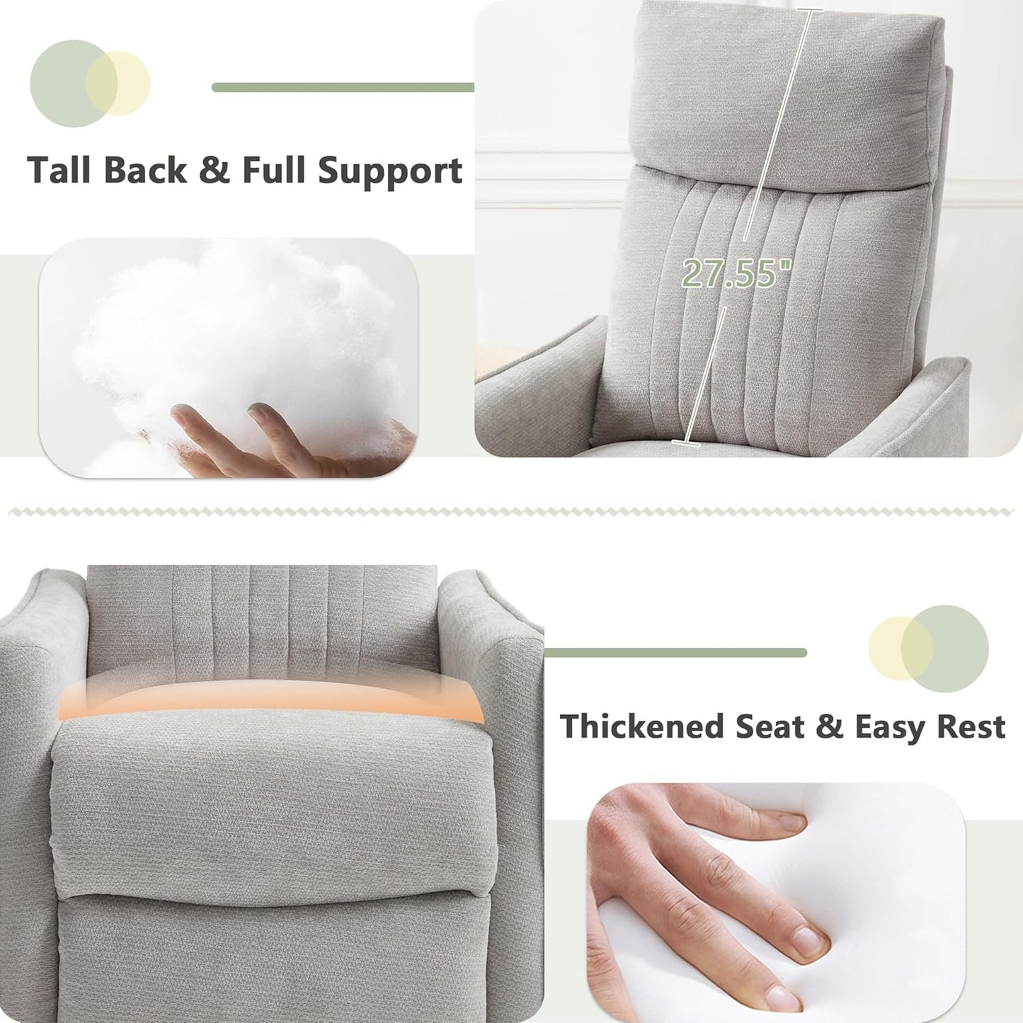 cinkehome Swivel Rocker Recliner, Glider Rocker Recliner Chair for Nursery, Manual Reclining Chair with Heated Massage, Small Spaces, Living Room, Khaki Chenille