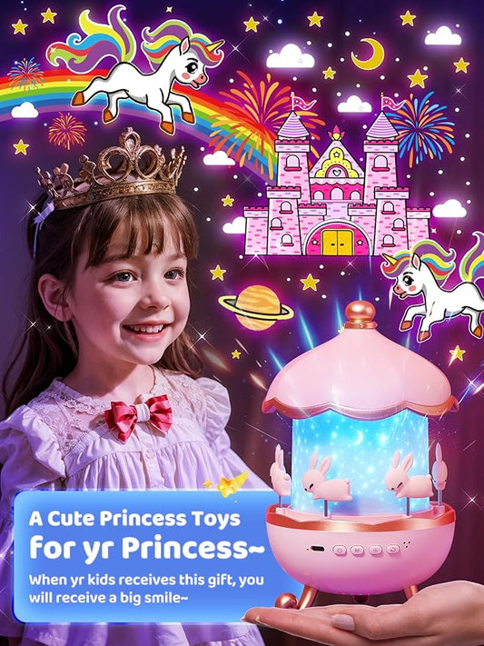 Carousel Night Light for Kids, 15 Music+15 Films+315 Colors Star Projector for Kids Night Light Projector, 360°+Remote+1200mah Unicorn Toys for Girls Room Decor, Baby Learning Toys Easter Gifts Bunny