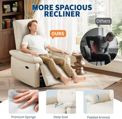 Garvee Power Recliner Chair with 270° Swivel and Rocking, Electric Glider Nursery Chair with USB Charging Port, PU Leather Upholstery and Button Tufted Backrest for Living Room, Cream
