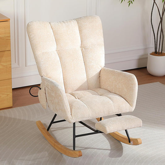 Rocking Chair Nursery with Airbag, Comfy Modern Nursery Rocking Reading Chair indoor with Footrest, Cozy Upholstered Glider Rocker Chairs for Living Room Bedroom Offices(Chenille, Dark Grey)