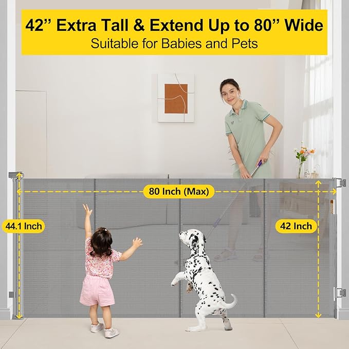 Reinforced 42” Extra Tall x 80” Wide Retractable Baby Gates with Rods to Prevent Crawling Through, Extra Tall Dog Gate for Large Openings Indoor Long Mesh Pet Gate for Stairs and Doorways, Gray