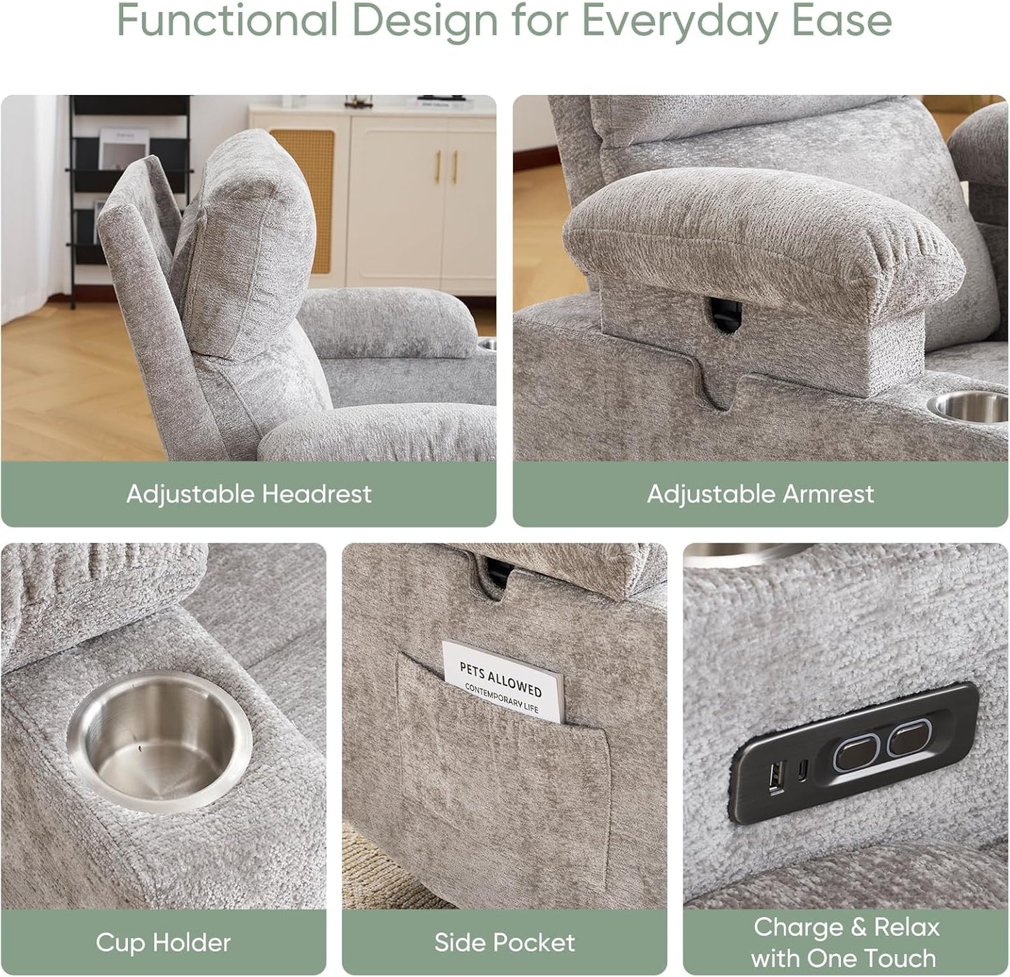 Rocking Chair Nursery with Adjustable Armrest for Breastfeeding, Glider Recliner Nursery Chair with Massage and Heat, Power Swivel Rocker Recliner with Adjustable Headrest, Corduroy, Beige