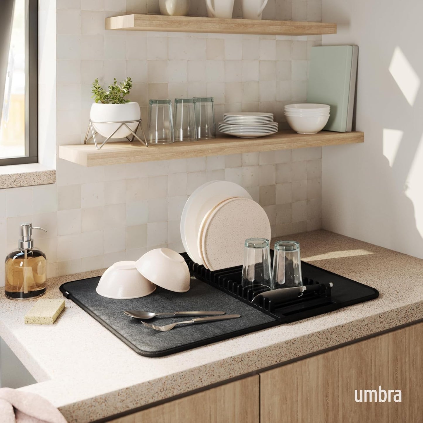 Umbra Udry Dish Rack and Microfiber Drying Mat – Space-Saving Design Folds Up for Easy Storage, Mini Rack, Gray