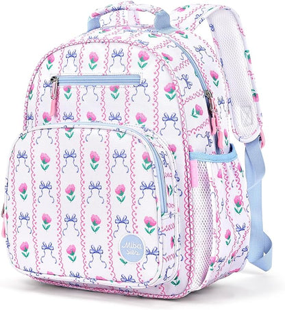 mibasies Kids Backpack for Girls: Girls Backpack 5-8 - Kindergarten Elementary School Bookbag for Girl - Bowknot Rose Sky Blue