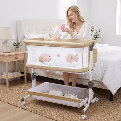 Baby Bassinet, Bedside Sleeper for Newborns Convertible Co-Sleeper Crib with Breathable Mesh, 6-Level Height Adjustment, Built-In Storage, Foldable Portable Bassinet for Home or Travel, Pink & Purple