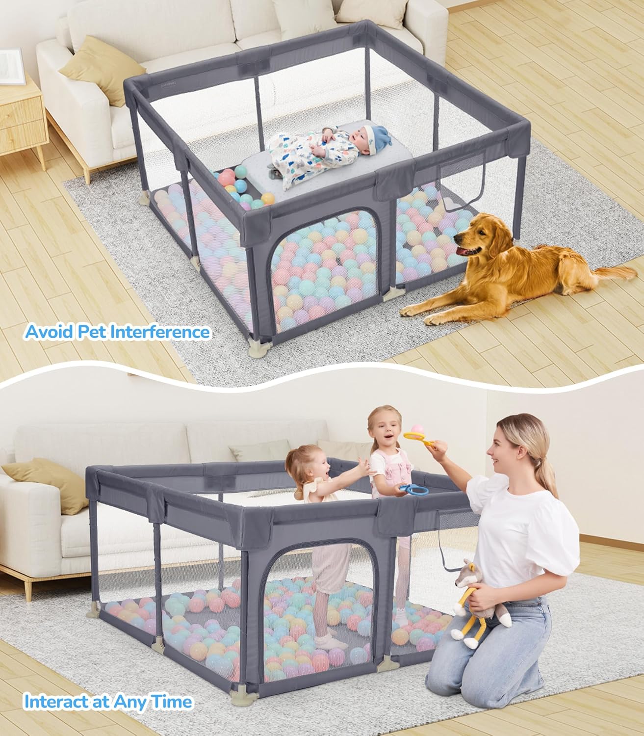 Dripex Baby Playpen, 47"x47" Small Playpen for Babies, Enhanced Safety Baby Play Yard for Indoor & Outdoor, Infant Play Pen with Soft Breathable Visible Mesh, Anti-Fall Design & Easy Setup, Grey