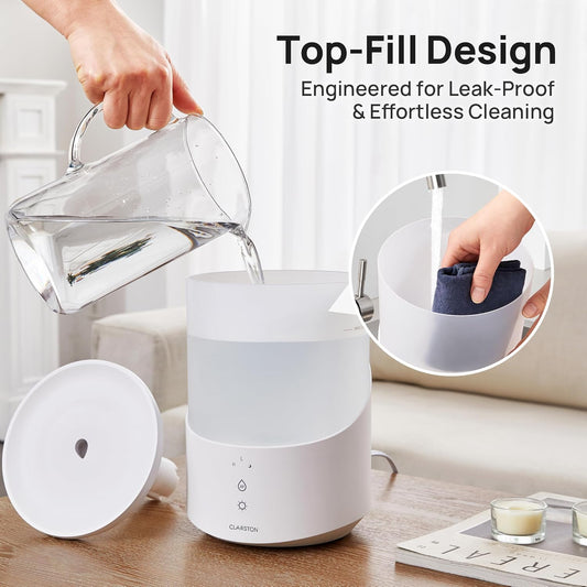 Clarston Humidifiers for Bedroom, 2L Top Fill with 360° Nozzle for Large Room, 7-Color Night Light, 24dB Quiet Cool Mist Air Humidifier for Baby Nursery & Plants, No BPA, Auto Shut Off, Easy to Clean