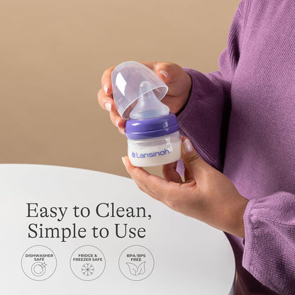Lansinoh Anti-Colic Baby Bottles, BPA-Free Plastic, 5 Ounces, 4 Count, Extra Slow Flow Nipples (Size XS), Breastfeeding Bottle with NaturalWave Design