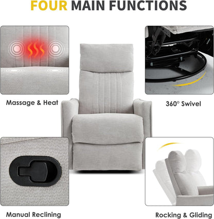 Trustyue Swivel Rocker Recliner Chair, 360° Swivel Recliner with Heat and Massage, Rocker Recliner Nursery Glider Chair with Side Pockets for Living Room (Beige, Fabric)