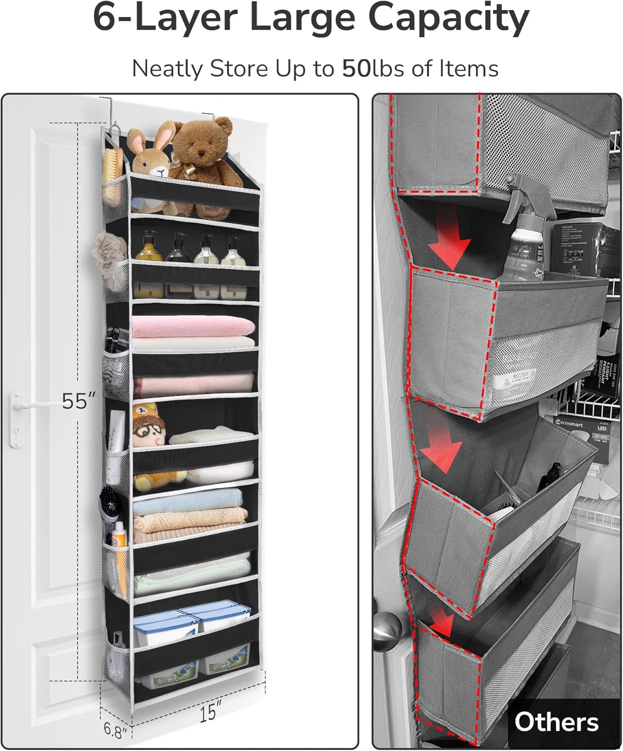 ULG 1 Pack Over Door Organizer with 5 Large and 10 Mesh Side Pockets, 44 lbs Weight Capacity Hanging Storage with Clear Window Kids Toys, Shoes, Diapers, Dark Grey, 5 Layers