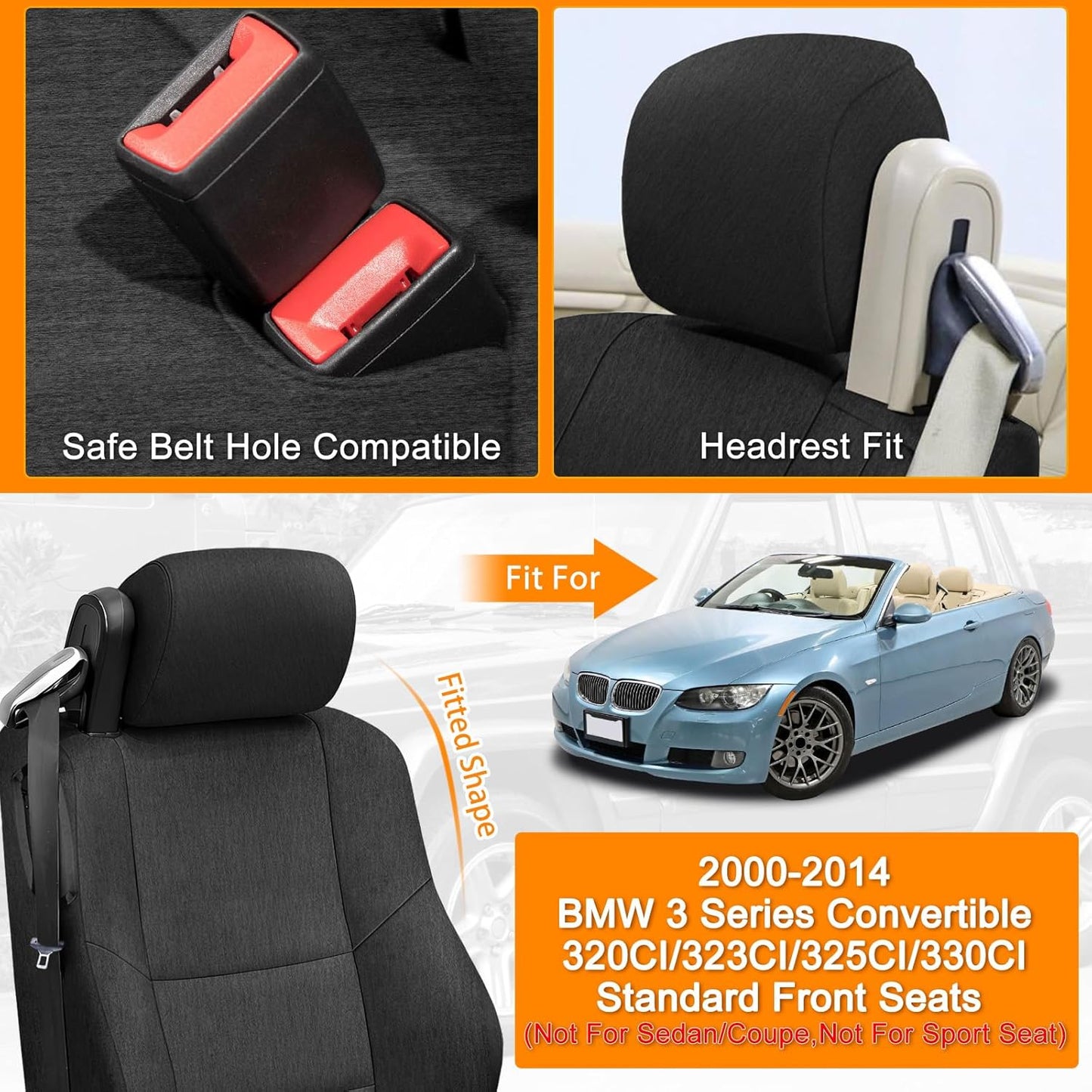 Front Seat Covers Compatible with 2000-2014 BMW 3 Series Convertible 320CI/323CI/325CI/330CI Standard, Heavy Duty Cationic Linen Fabric Seat Protector