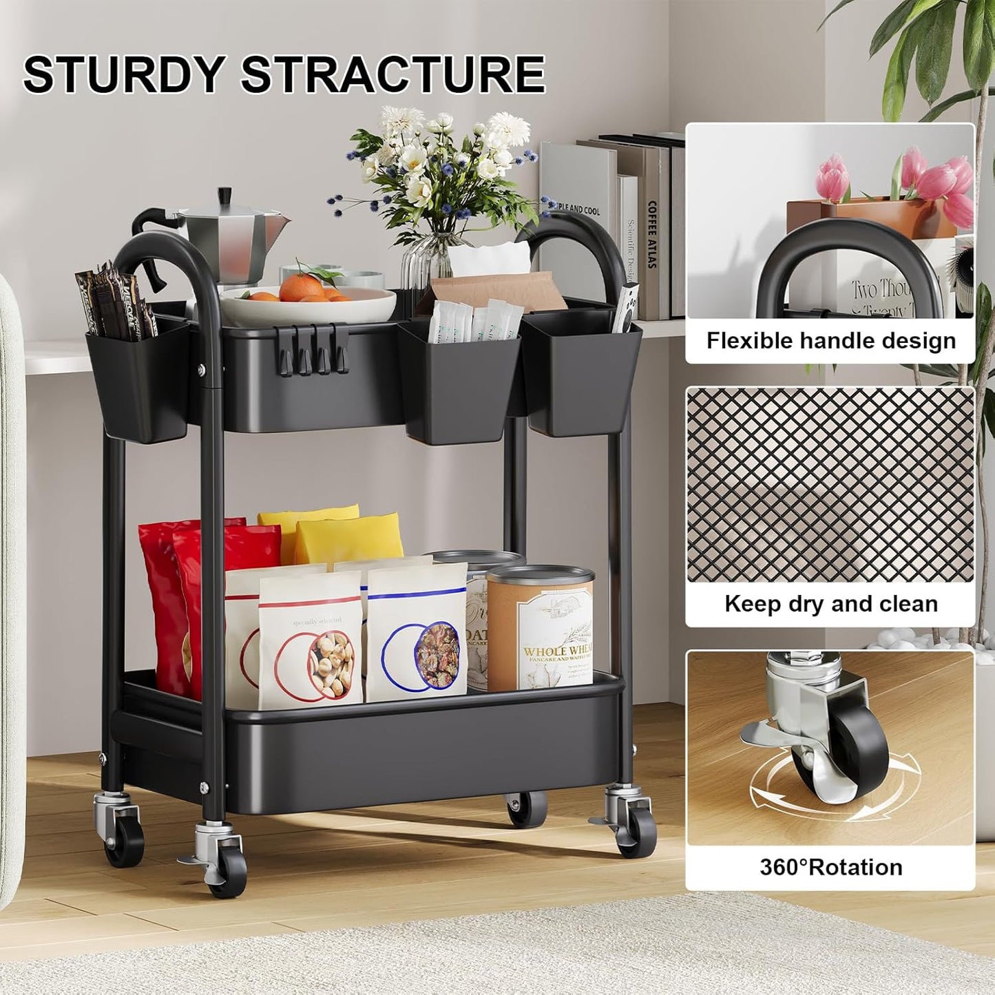 3 Tier Heavy Duty White Metal Rolling Cart with Lockable Wheels, Three Tier Roller Book Snack Cart, Utility Storage Organizer Carts for Kitchen, Bathroom, Garage, Baby Diaper, Craft, Art, Teacher