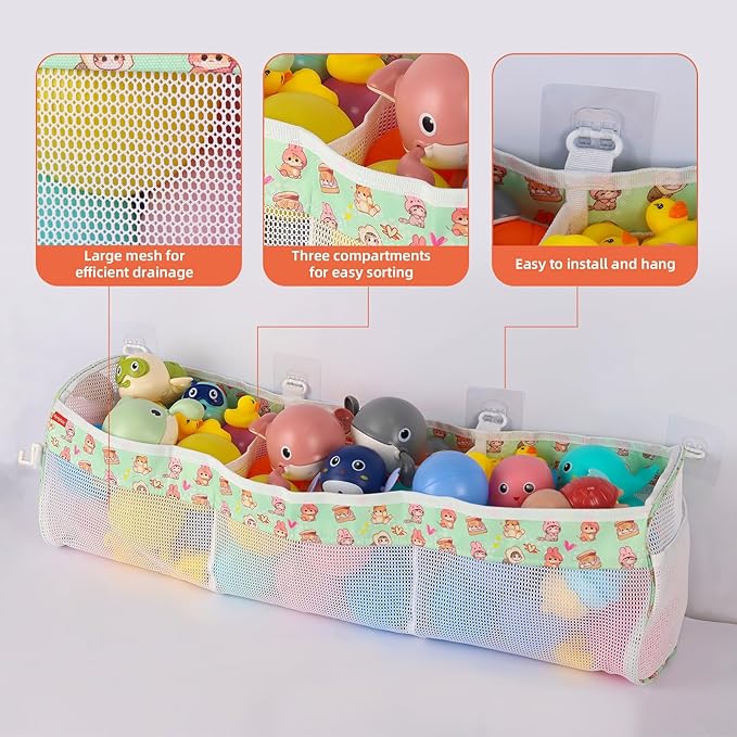 Bath Toy Storage Organizer, 3 Compartments Bath Toy Holder, Large Capacity & Quick-Drying Mesh for Bathtub and Shower, Strong sticky Hooks for Easy Access
