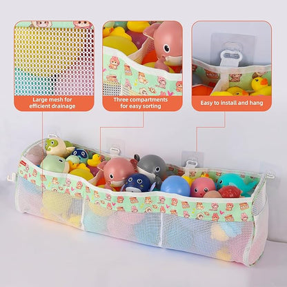 Bath Toy Storage Organizer, 3 Compartments Bath Toy Holder, Large Capacity & Quick-Drying Mesh for Bathtub and Shower, Strong sticky Hooks for Easy Access