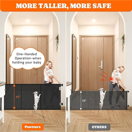 Pawtners Retractable Baby Gates Extra Wide, 41" Tall Extends up to 200" Wide, Dog Gate Indoor for Stairs, Pet Gate with Support Rods for Doorways Hallways Garage Indoor & Outdoor-Black