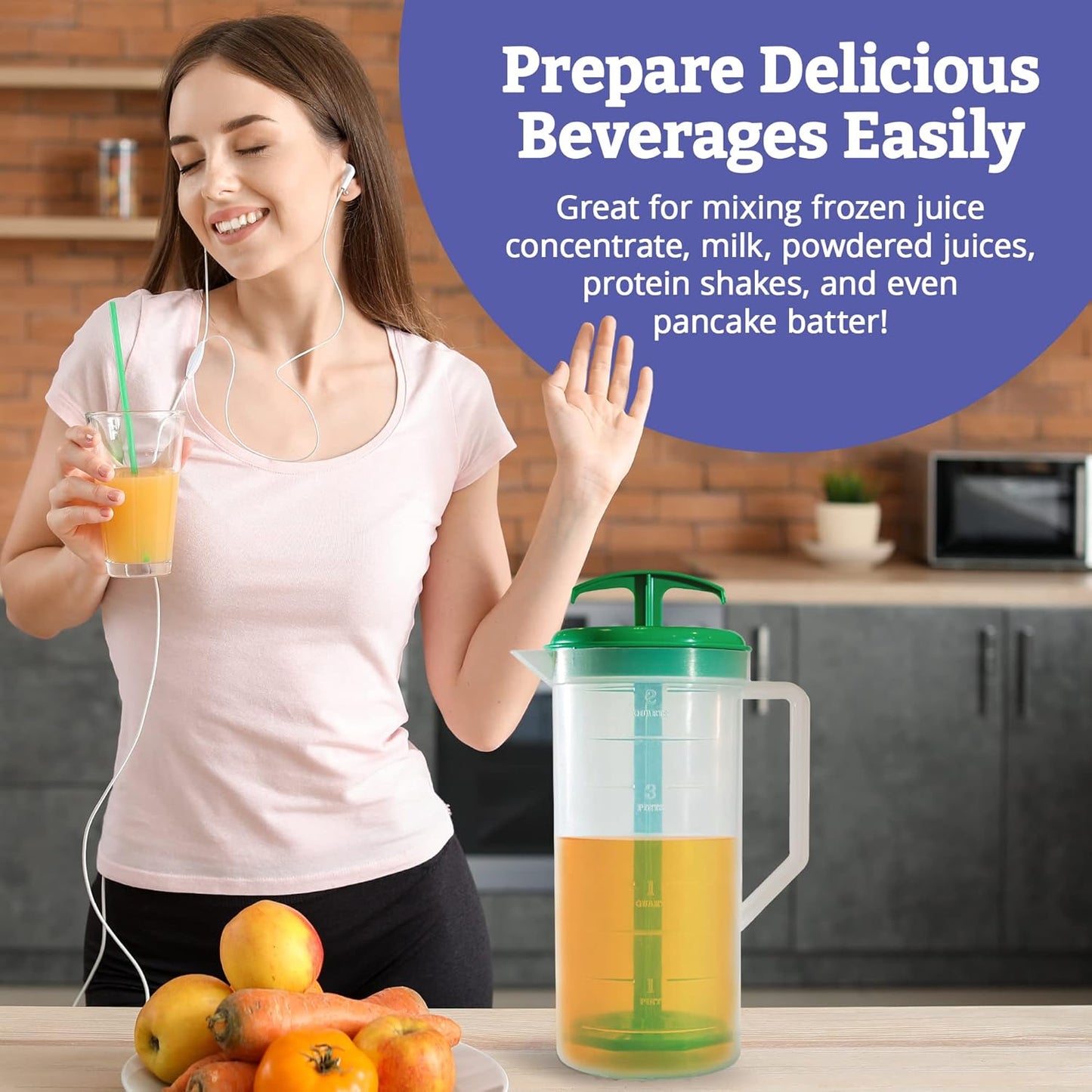 JBK Pottery 2-Quart White Mixing Pitcher with Plunger – BPA-Free Plastic Mixing Jug for Juice, Milk, Tea, Shakes, and More – Dishwasher-Safe, Spill-Proof Lid, Smart Stirring Design